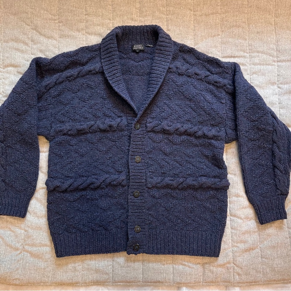 RARE Robert Comstock Heavy Wool Navy Blue Cardigan w/Back Cattle Design Men’s L